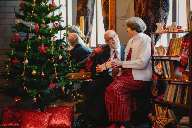 Una elegante pareja de ancianos está celebrando la navidad.