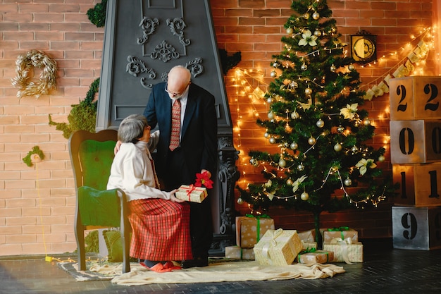 Una elegante pareja de ancianos está celebrando la navidad.