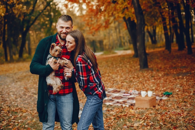 Elegante pareja pasa tiempo en un parque de otoño