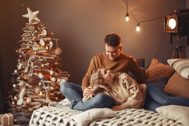 Elegante pareja sentada en casa cerca del árbol de navidad