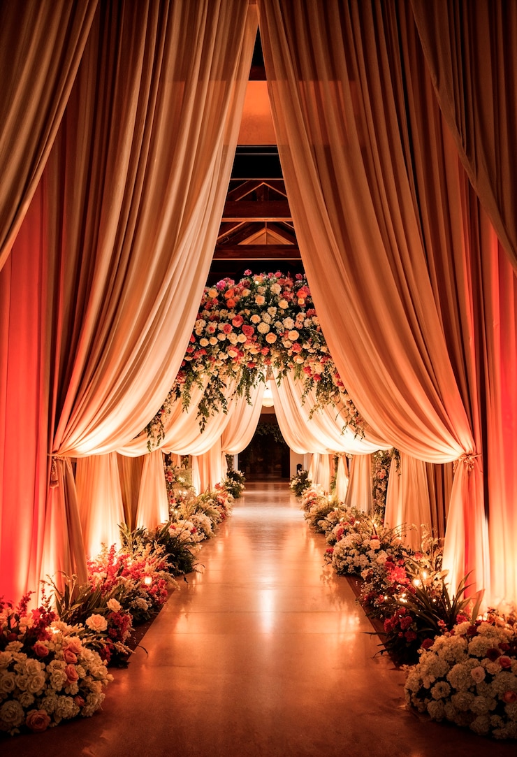 Elegante pasillo de la ceremonia de la boda decorado con flores y cortinas