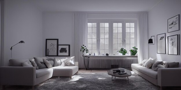 Elegante sala de estar escandinava con muebles de sofá de menta de diseño que se burlan de las plantas del mapa del cartel y eleg