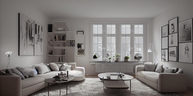 Elegante sala de estar escandinava con muebles de sofá de menta de diseño que se burlan de las plantas del mapa del cartel y eleg