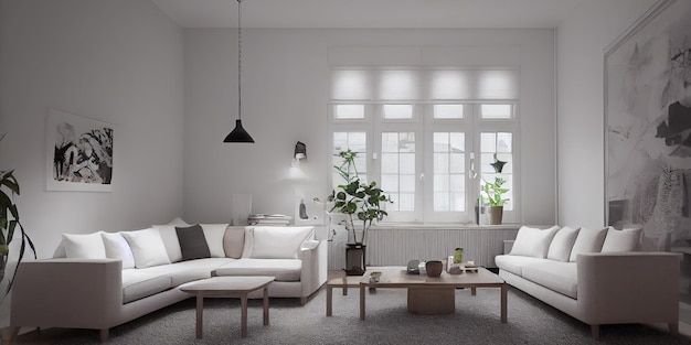 Foto gratuita elegante sala de estar escandinava con muebles de sofá de menta de diseño que se burlan de las plantas del mapa del cartel y eleg