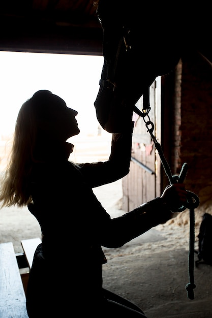 Foto gratuita elegante silueta de caballo contra el cielo del amanecer