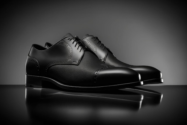 Elegantes zapatos de cuero negro para hombres sobre fondo negro Estilo de estudio fotográfico Ai generativo