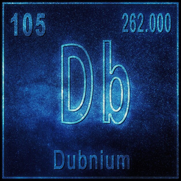 Elemento químico dubnio, signo con número atómico y peso atómico, elemento de tabla periódica