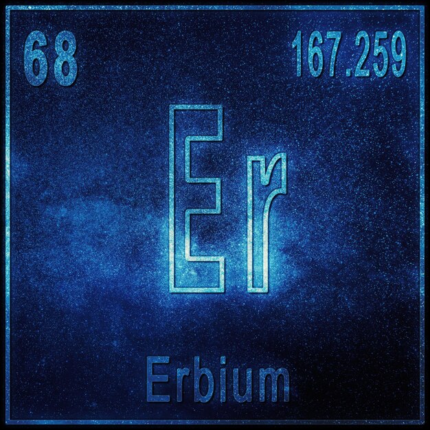 Elemento químico de erbio, signo con número atómico y peso atómico, elemento de tabla periódica