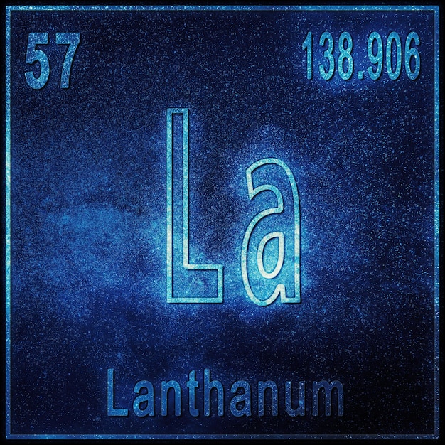 Elemento químico de lantano, signo con número atómico y peso atómico, elemento de tabla periódica