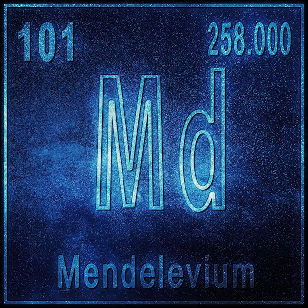Elemento químico de mendelevio, signo con número atómico y peso atómico, elemento de tabla periódica
