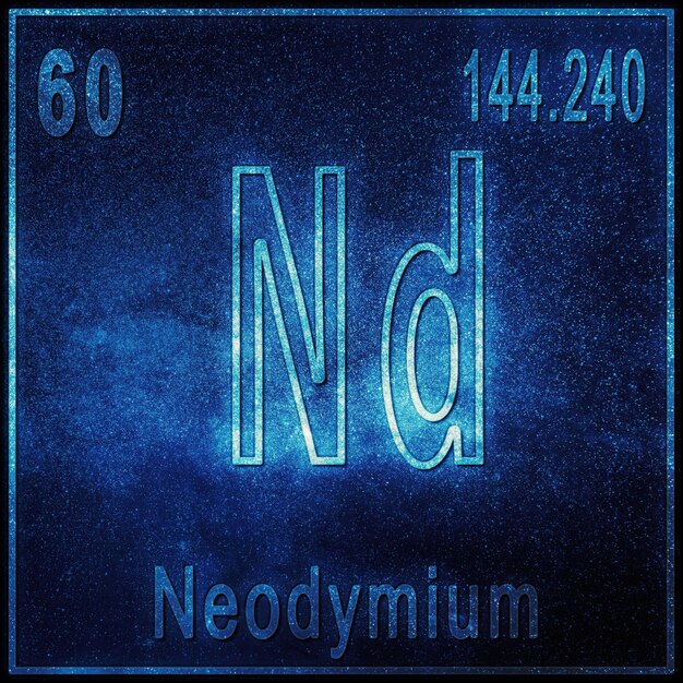 Elemento químico de neodimio, signo con número atómico y peso atómico, elemento de tabla periódica