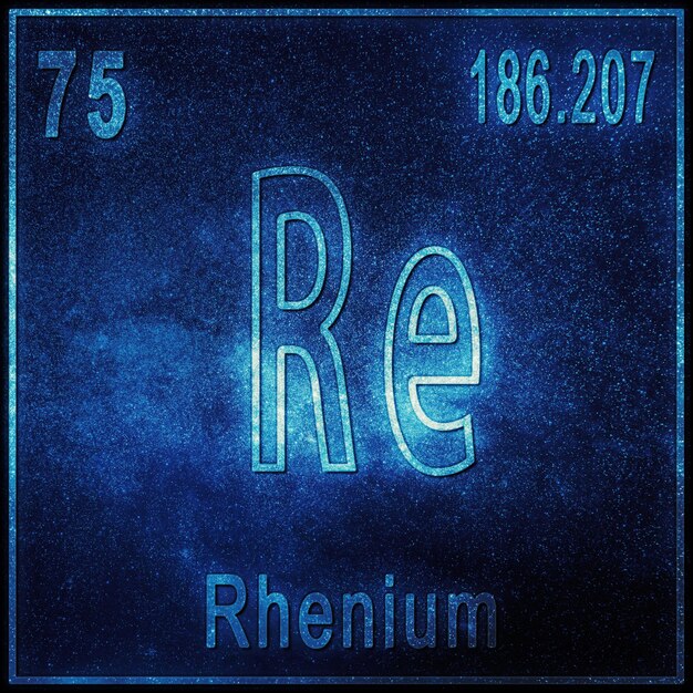 Elemento químico renio, signo con número atómico y peso atómico, elemento de tabla periódica