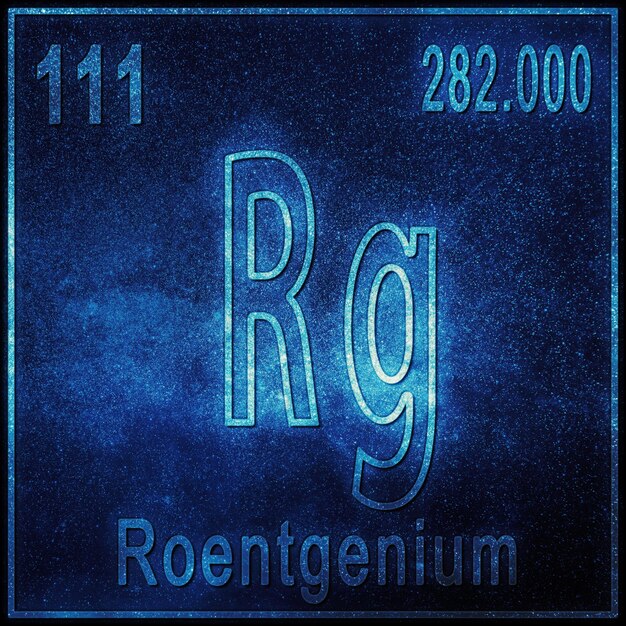 Elemento químico de roentgenio, signo con número atómico y peso atómico, elemento de tabla periódica