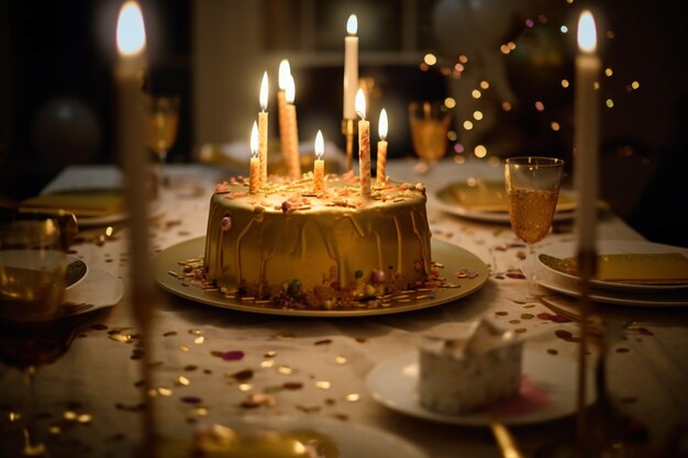 Elementos dorados para fiesta de cumpleaños y pastel.