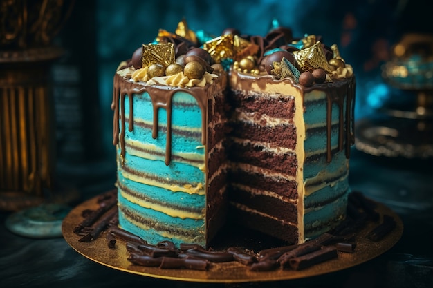 Elementos dorados para fiesta de cumpleaños y pastel.