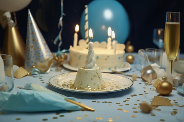 Foto gratuita elementos dorados para fiesta de cumpleaños y pastel.