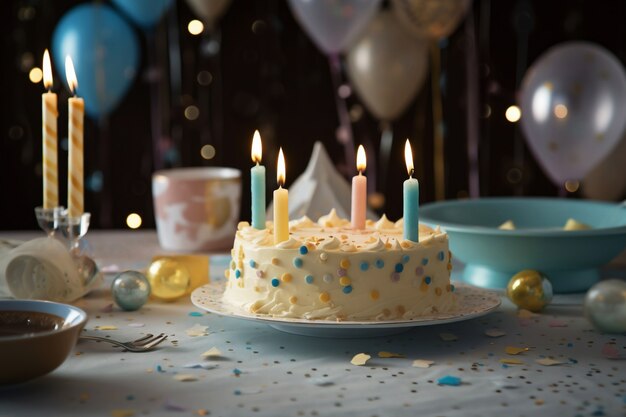 Elementos dorados para fiesta de cumpleaños y pastel.