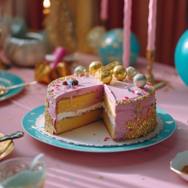 Elementos dorados para fiesta de cumpleaños y pastel.