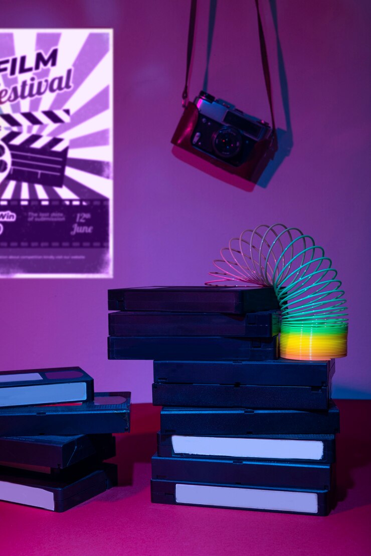 Foto gratuito embalaje retro vhs en interiores.