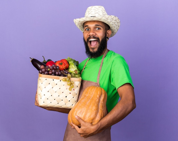 Emocionado joven jardinero afroamericano vistiendo sombrero de jardinería sosteniendo una canasta de verduras con calabaza aislado en la pared azul