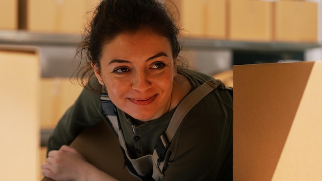 Foto gratuita empleada moviendo cajas en estantes, trabajando con productos en el depósito de la sala de almacenamiento. joven organizando stock de mercadería en paquetes, verificando cadena de suministro. disparo de mano. de cerca.