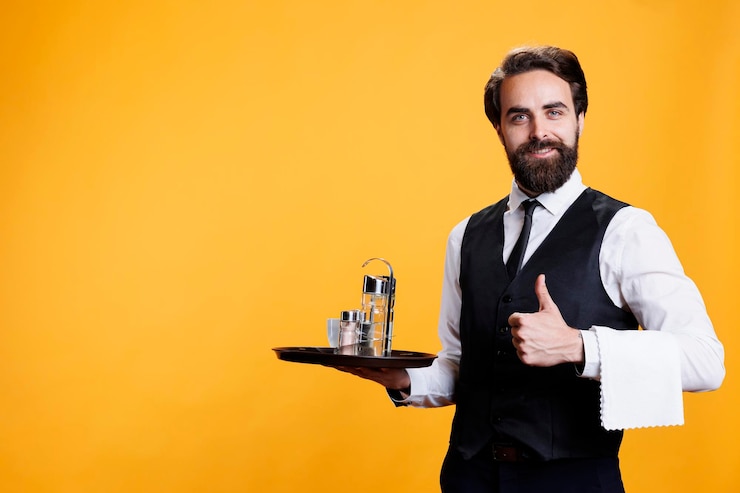 Foto gratuito empleado alegre con bandeja da como