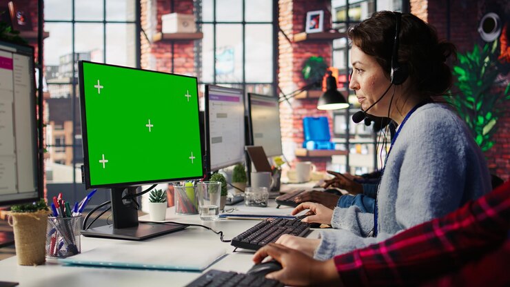 Foto gratuito empleado del centro de llamadas trabajando en una maqueta de pc de pantalla verde