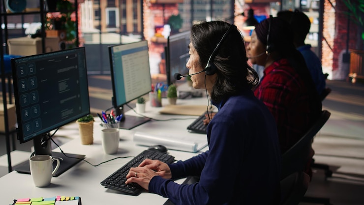 Foto gratuito empleado experimentado del centro de llamadas que escucha las consultas de los clientes