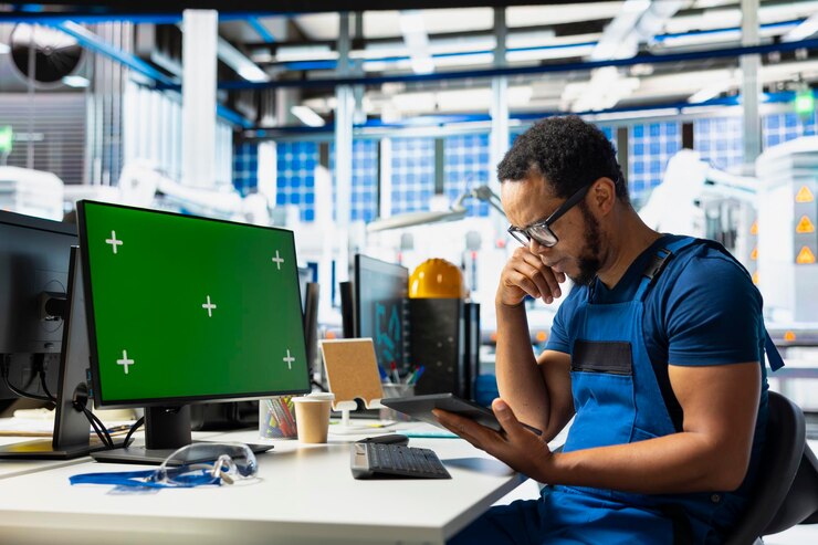 Foto gratuito el empleado de la planta de fabricación revisa los datos en la pantalla verde del ordenador