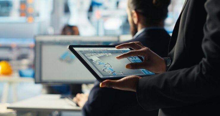 Foto gratuito el empleado de la planta de paneles solares utiliza software cad en la tableta para optimizar los diseños
