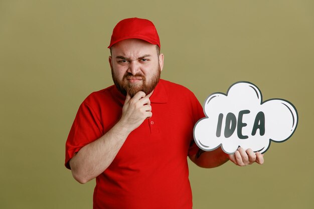 Empleado del repartidor en uniforme de camiseta en blanco de gorra roja con discurso de burbuja con idea de palabra mirando a la cámara con expresión escéptica pensando de pie sobre fondo verde