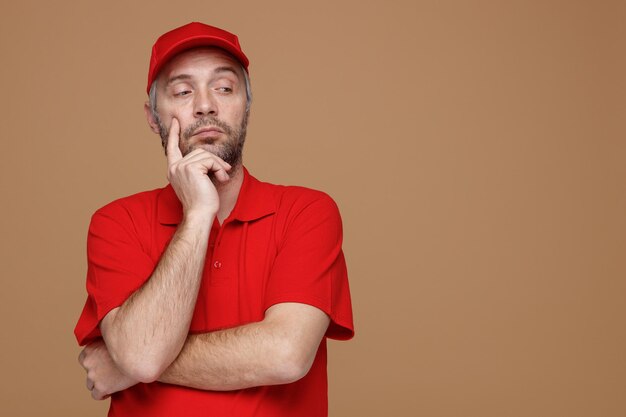 Empleado repartidor con uniforme de camiseta en blanco con gorra roja mirando a un lado con expresión pensativa pensando de pie sobre fondo marrón