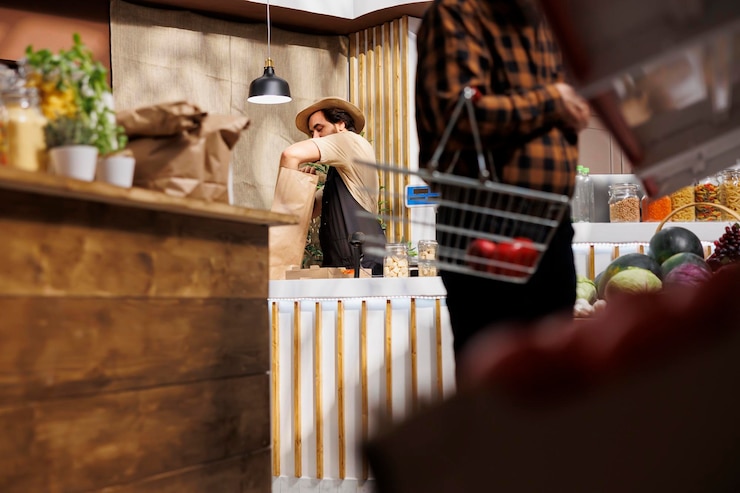 Foto gratuito el empleado de un supermercado ecológico envases de verduras