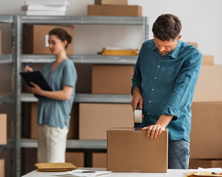 Foto gratuito empleados de entrega trabajando juntos