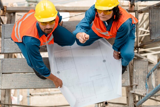 Empleados de vista superior con equipo de seguridad.