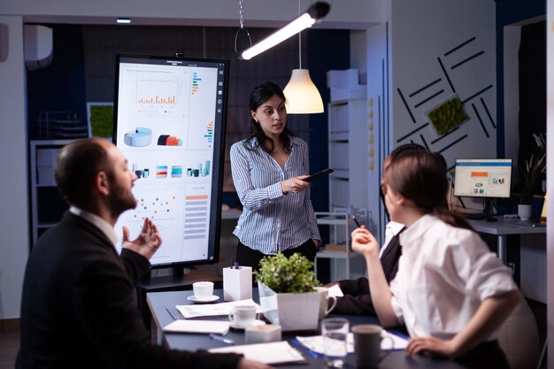 Empresaria adicta al trabajo que señala la estrategia financiera usando el monitor trabajando horas extras en la sala de la oficina de reuniones de la empresa