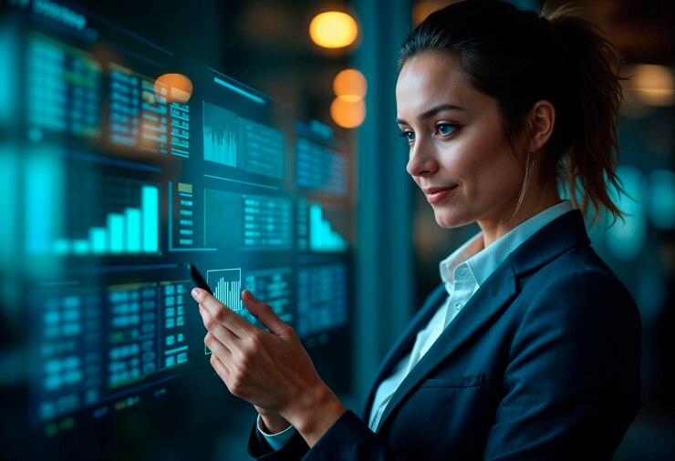 Foto gratuito empresaria analizando datos