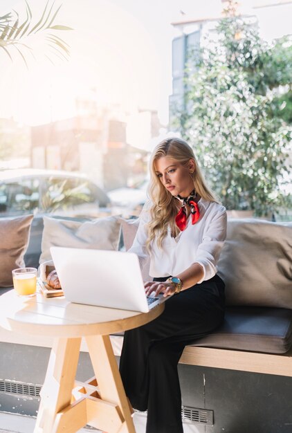 Empresaria joven que se sienta en el café usando la computadora portátil