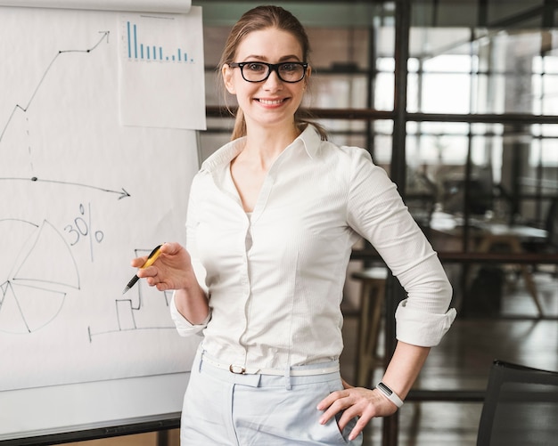 Empresaria profesional sonriente con gafas dando una presentación