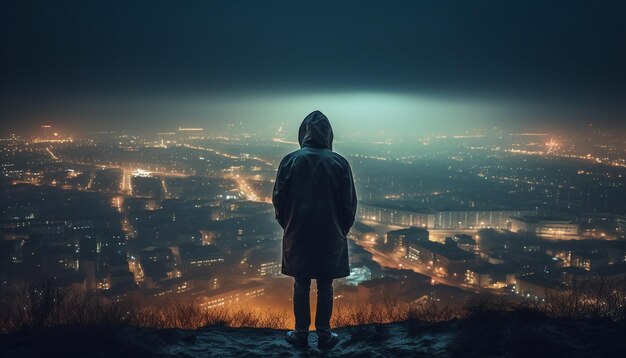 Empresario encapuchado solo mirando el paisaje urbano generado por IA