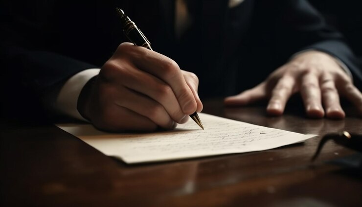 Foto gratuito empresario firmando contrato en el escritorio con bolígrafo generado por ia