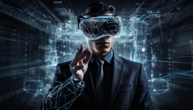 Empresario futurista en equipos simuladores de realidad virtual generados por IA