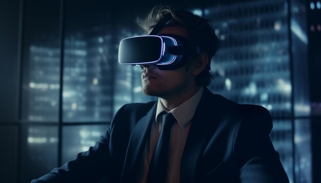 Empresario futurista en simulador de realidad virtual trabajando digitalmente generado por AI