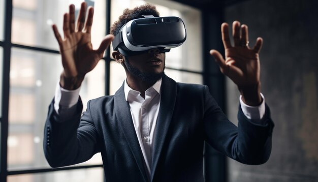 Empresario futurista utiliza experiencia en simulador de realidad virtual generada por IA