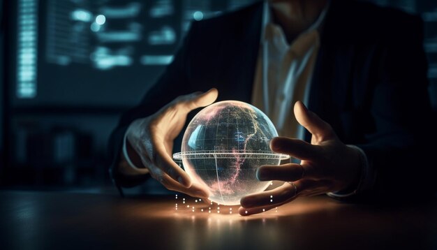 Empresario global con conceptos de comunicación futurista de esfera brillante generados por IA