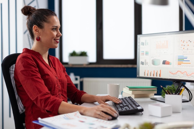 Empresario mirando gráficos en la pantalla de la computadora en la oficina de inicio. Empresaria sonriente trabajando en informes en el escritorio. Empleado exitoso con camisa roja que usa una computadora de escritorio para analizar datos comerciales.