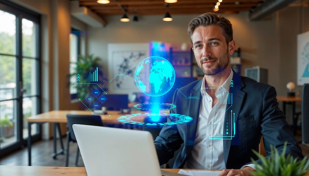 Empresario moderno que trabaja con tecnología digital global
