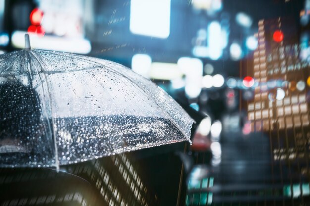 Empresario con paraguas en ciudad lluviosa