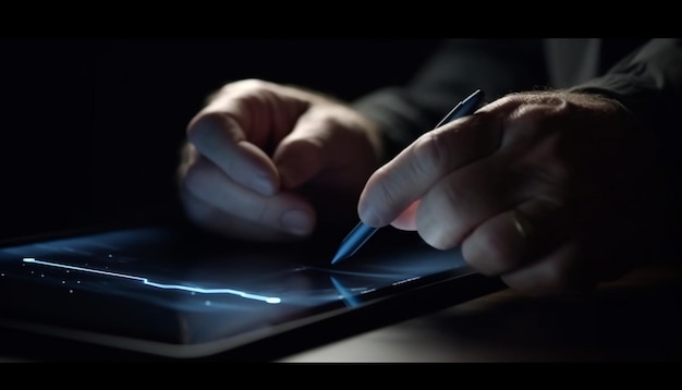 Foto gratuita empresario que trabaja en una tableta digital que toca la pantalla con un bolígrafo generado por ia