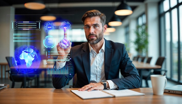 Empresario que utiliza tecnología futurista con interfaz digital